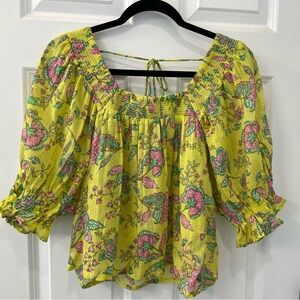 NWT Sundry Floral Smocked Yellow Balloon Sleeve Anthropolgie Top $138 Small
